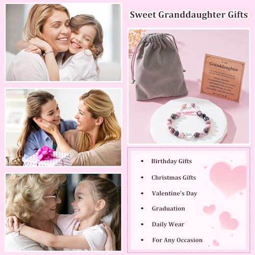 Image of Granddaughter Daughter Gifts -Heart Natural Stone Beaded Bracelet for Girls, Valentines Birthday Gifts for Girls Daughter Granddaughter