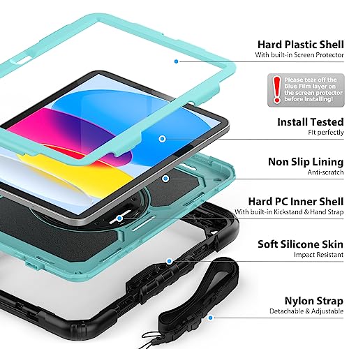 Sibeitu Case for iPad 11th (A16) 2025 & 10th Generation Case 10.9 Inch 2022 with Screen Protector, Heavy Duty Protective Cover with 360° Swivel Hand Shoulder Strap Stand for iPad 11-inch/10th Gen