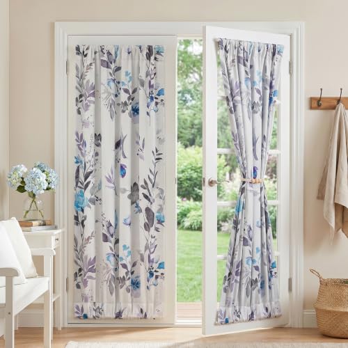 Image of MYSKY HOME Floral French Door Curtains 72 inch Long Set of 2 Blackout Privacy Sidelight Door Window Drapes with Rod Pocket, Blue, 24 inch W Each Panel