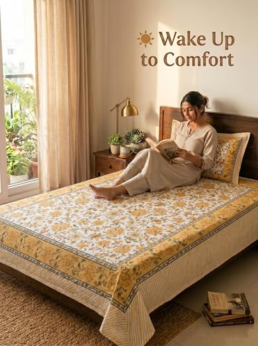 Image of Mafatlal 144 TC Heritage High Thread Count 100% Cotton Handcrafted Premium Spring Bedsheet (90x60 Inch) - Traditional Jaipuri Rajasthani Hand Block Printed Bed-Sheet with Pillow Cover | Lemon Yellow