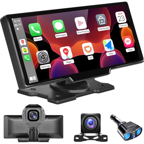 Podofo Portable Car Stereo Wireless Apple Carplay/Android Auto with 2.5K Dash Cam, 1080P Backup Camera, 9.3' HD Touch Screen Car Play Screen, GPS Navigation, Dual Bluetooth, FM/AUX, 64G TF Card