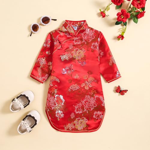 Girls Qipao Peony Long Sleeve Dress Chinese New Year Clothing Chinese Traditional Clothes for Kids Toddler 1-12Y2