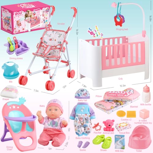 image for YIYBM Baby Doll Crib and Stroller Accessories Play Set with 11