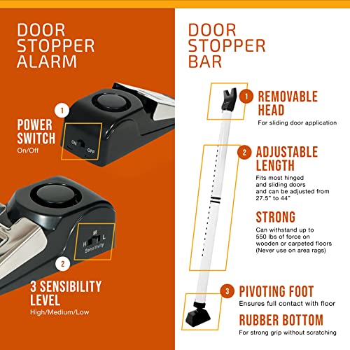 Door Stopper Alarm And Door Security Bar Bundle - House, Apartment, School, Hotel Door Security System, Sliding Glass Door Security Bar - Lightweight, Portable Doorstops #TOP3