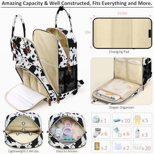 Image of Tenot Diaper Bag Backpack for Women with Changing Pad, Baby Bag with Insulated Pockets Multifunctional Diaper Bags For Baby Girl Boy Waterproof Baby Bags For Boys Girls Maternity Bag Cow Print