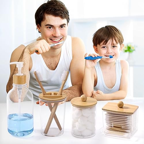 Image of Bamboo Bathroom Accessories Set 4 Pcs - Clear Toothbrush Holder Plastic Soap Dispenser and 2 Qtip Holder Cotton Swab /Pad /Ball Container Jar