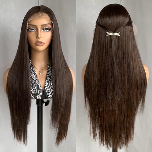 30Inch Synthetic Glueless Lace Front Wig for Women Long Straight Heat Resistant Fiber Wigs with Baby Hair for Daily Use