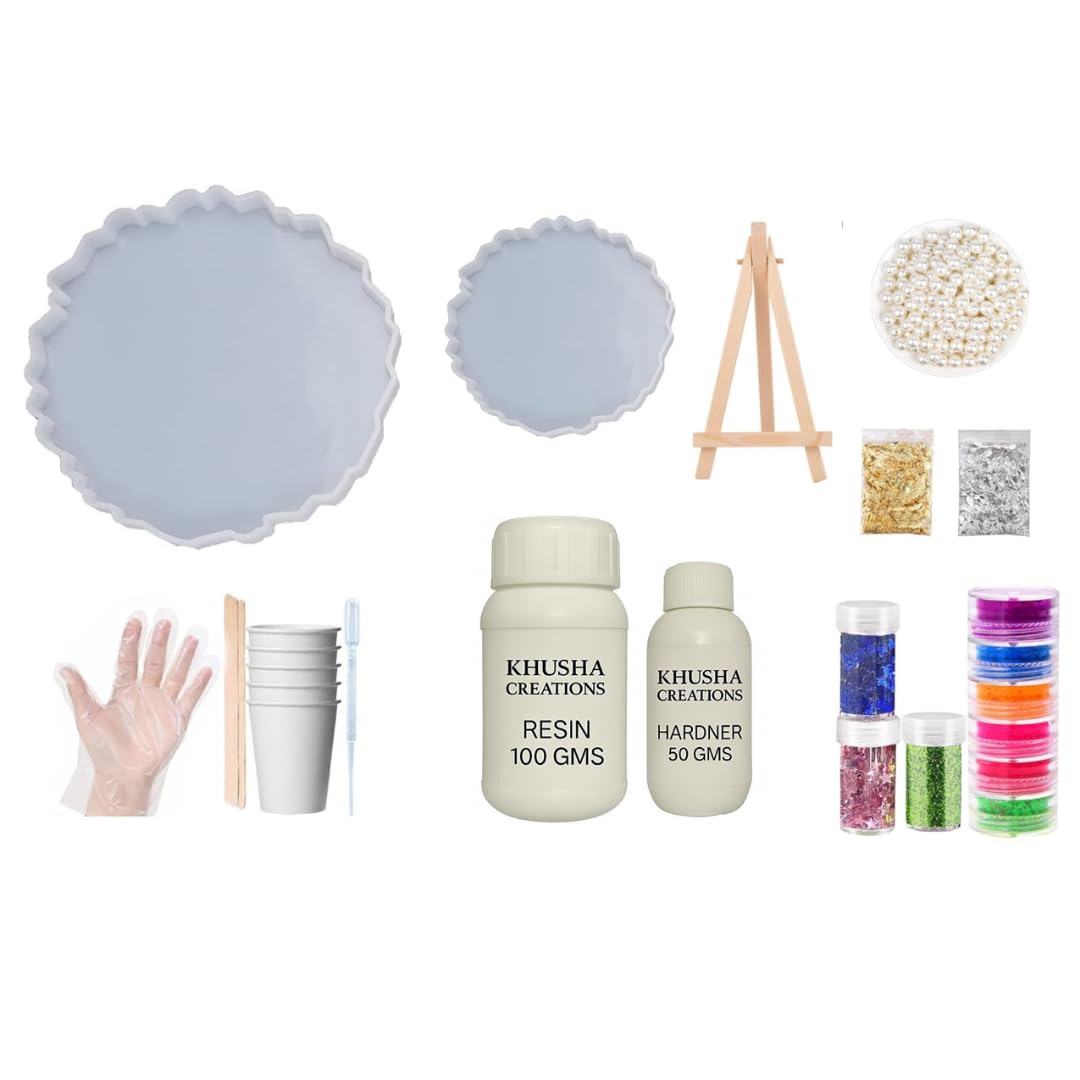 KHUSHA CREATIONS DIY Resin Art Kit for Beginners | Agate Coaster Moulds (4" & 8") | 150g Epoxy Resin, Mica Powder, Glitters, Flakes, Tools & Easel Stand | Craft Kit for Home Decor & Gifts-image-42