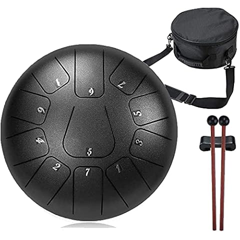 10 Inch Steel Tongue Drum 11 Notes Matte Black Pan Drum with Travel Bag, Mallets, Drumstick Bracket, Knocking Finger Picks and Music Book,Elegant Creative Handpan Drum Cover