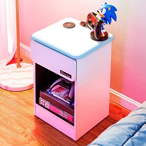 X-Rocker Carbon-Tek Gaming Bedside Table Unit with Built-in Wireless Charging and Ambient RGB Lighting, Gaming Bedroom Furniture Single Side Cabinet End Tbale with Drawer and Storage Shelf - White
