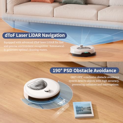 Image of OKP Life Robot Vacuum L6 Aqua,LiDAR Navigation, 3.7 inch Super Thin, 6000Pa Powerful Suction,150 Mins,Quiet, Self-Charging Robotic Vacuum Cleaner, 2.4G&5G WiFi,Cleans Hard Floors to Carpets, White