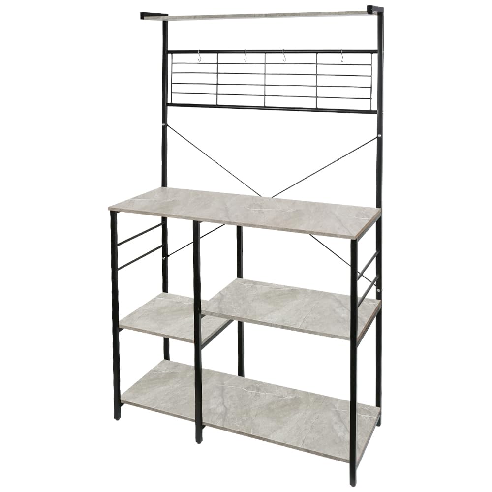 HUOLE Scaffale da cucina, mobile da cucina, bar per caffè con cesto in filo, scaffale per microonde con 8 ganci a S, per cucina, soggiorno, 42 x 90 x 167 cm (B) (aspetto calcareo)