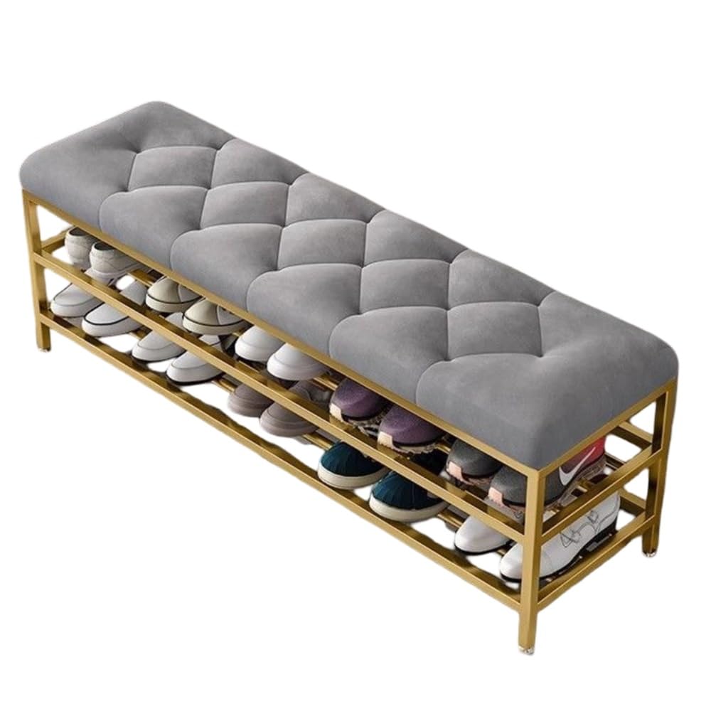 Banc de rangement chaussure rembourré et étagère acier double niveau