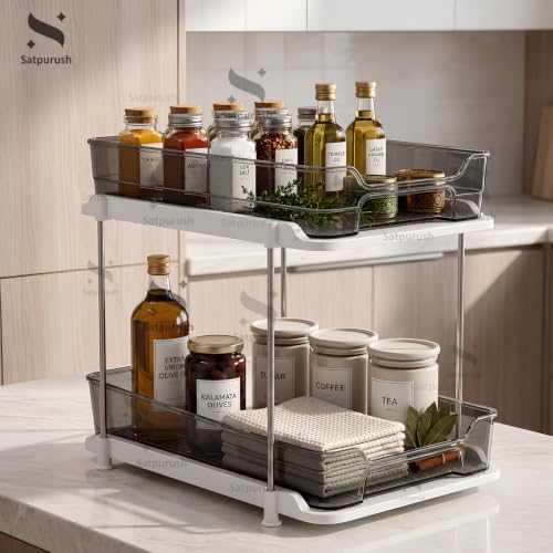 Image of Satpurush 2 Tier Kitchen Organizer Rack for Countertop, Space Saving Multipurpose Organiser with Transparent Trays for Spice Jars, Oil Bottles & Containers, (27.5 x 28 x 19 cm, Smoke Gray)
