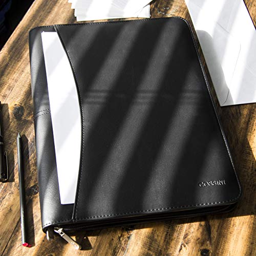 cossini black superior vegan leather business portfolio with zipper  padfolio all-in-one smartest protective 101 inch tablet sleeve presentation slot solar calculator card storage writing pad