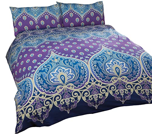 Asha Saphir Indien Motif Housse de Couette et 2 Taie d'oreiller Parure de lit, Bleu/Violet