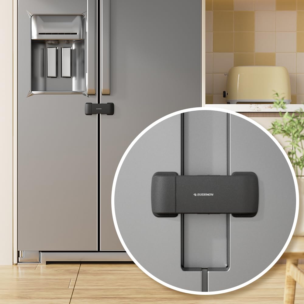BASEEFY Child Safety Fridge Lock – No Drill Adhesive Lock for French Door & Side-by-Side Refrigerators, Baby Proof EN71-3 Safety Certified, Fits Up to 58mm Gap (Black, 1 Count)