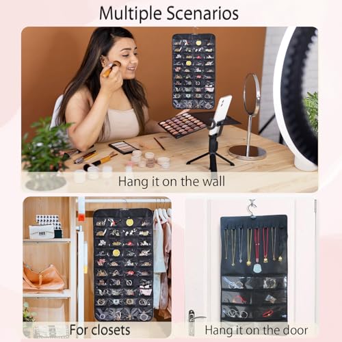 MLAHBT Schmuck Organizer Hängend, Schmuckaufbewahrung Doppelseitige mit Metallhaken Schmuckorganizer zum Aufhängen, Schmuckaufbewahrung für Ketten, Ohrringe und Armbänder (Schwarz, 48 Gitter)