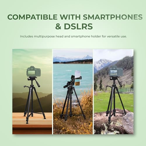 Image of Digitek (DTR 490 LW) Foldable Tripod Stand with Smartphone Holder, Pan Head & Quick Release Plate, 4.92ft Max Height, 4kg Load, Rubberised Legs, 3-Section Adjustable for DSLR & Smartphones
