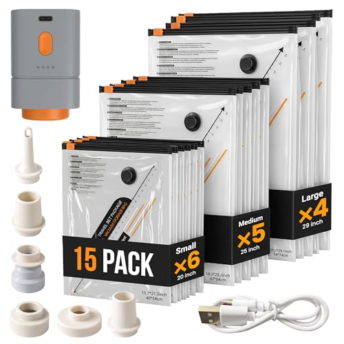 15 Pack Vacuum Storage Bags with Rechargeable & Portable Electric Pump (6 Small, 5 Medium, 4 Large) - Vacuum Seal Bags for Clothing Travel - Vacuum Bags for Travel, Blankets, Clothes & Luggage — view 2