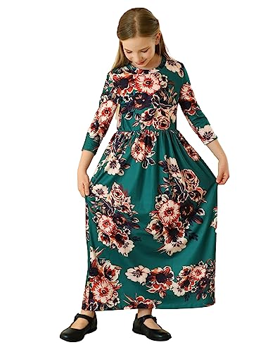 21Kids Girls Maxi Dress Kids Floral Casual 3/4 Long Sleeve Dresses For Girls, Green, 8 Years #TOP4