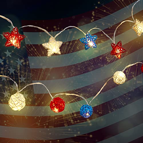 Riakrum 2 Sets Independence Day String Light, 4Th Of July Rattan Ball String Light Red White Blue Star Light Battery Operated For Indoor Outdoor Memorial Day, 4Th Of July, Independence Day Decoration #TOP29