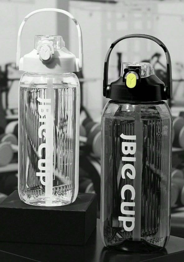 Image of Plastic Big Water Bottle 3 Liter with Straw Clear Motivational Time Marker Drink XL Jug with Handle for Sports Gym-Black