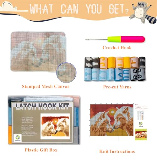 Image of EMISTEM Latch Hook Kits for Adults - DIY Latch Hook Rug Kits, Crochet Kit for Beginners, Rug Making Kits with Printed Canvas, Gift Packaging.(White Wolf King, 20x15)