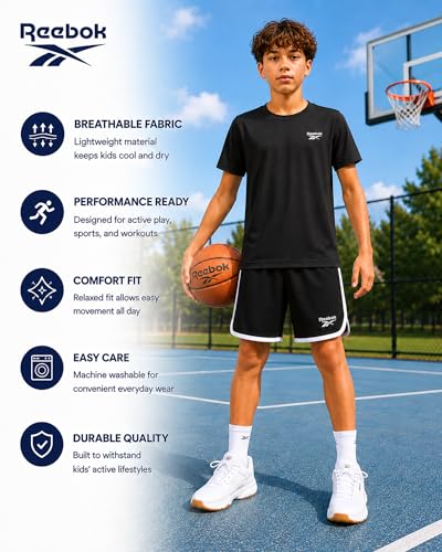 Image of Reebok Boys Athletic Shorts Set - 3 Piece Summer Clothes Outfit with Graphic Tees and Boys Running Shorts for Active Kids
