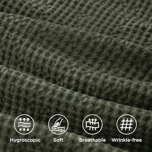 Image of Bedsure Cotton Waffle Duvet Cover Set with Fitted Sheet, King, Olive Green | Waffle Texture, Breathable, Skin-Friendly, OEKO-TEX Certified, Good Housekeeping Seal, All-Season, Machine Washable