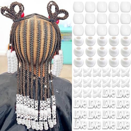 NAISKA 60PCS Pink Hair Beads for Kid Large Hair Dreadlock Jewelry for Braids Multi Shape Pony Beads Loc Dreadlock Accessories Cute Braids Hair Decoration for Women and Girls (White)