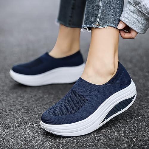 Image of Women's Knitted Platform Slip On Walking Sneakers,Comfort Lightweight Arch Support Non Slip Casual Mesh Breathable Workout Work Shoes