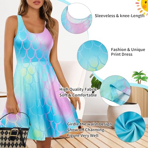 Image of uideazone Women's Casual Mermaid Dress Pleated Sling Dress Lady Summer Hawaiian Fish Scales Beach Sundress for Beach