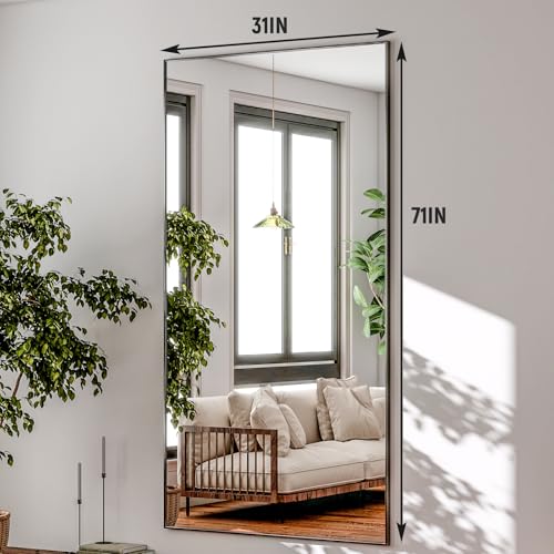 GLSLAND 71"x31" Full Length Mirror Extra Large Hanging or Leaning Rectangle Mirror Aluminum Alloy Thin Frame Bedroom Floor Dressing,Black