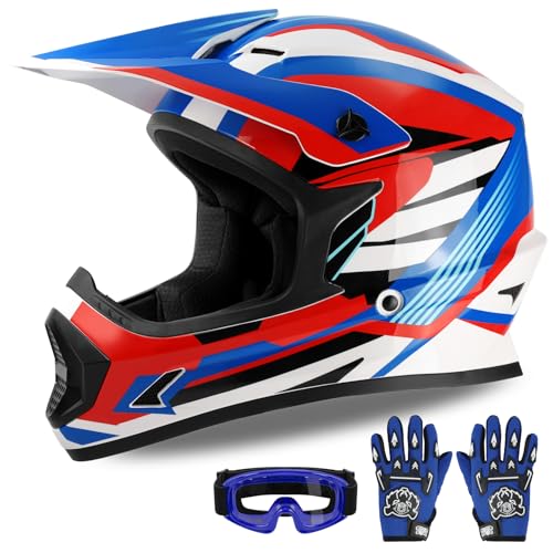 XFMT DOT Youth Kids Dirt Bike Helmet Full Face Motocross Helmets for Off-Road ATV Street Bike Four Wheeler Motorcycle with Goggles & Gloves, Red White and Blue Medium
