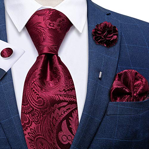 Image of DiBanGu Silk Ties for Men Necktie and Lapel Pin Brooch Set Formal Woven Paisley Plaid Striped Solid Tie Wedding Party