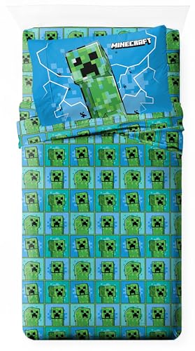 Jay Franco Kids Sheet Set with Fitted Flat Sheets & Pillow Cover - Ultra-Soft Bedding with Pillowcase for Room Decor Blue - Minecraft Creeper 3 Piece Twin