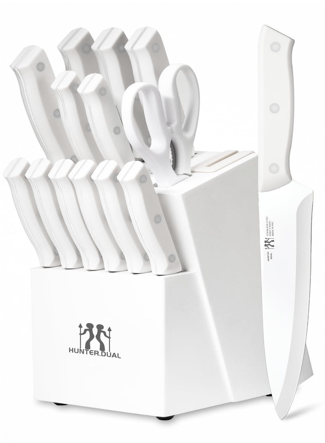 knife set hunterdual 15 piece kitchen knife set with block and built-in sharpener dishwasher safe anti-slip handle white