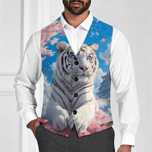White Tiger Cherry Flower Men's Suit Vests Dress Vest V-Neck Waistcoat Slim Business Formal with Pocket2