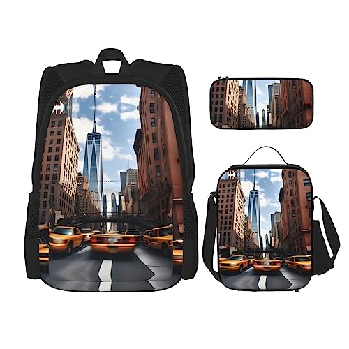 KoNsev New York Lot de 3 sacs à dos d'école préscolaire 40,6 cm et boîte à déjeuner pour enfant du primaire, Noir , Taille unique, Ensemble cartable