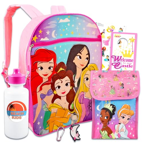 Disney Princess School Backpack With Lunch Box For Girls, Kids ~ 4 Pc Bundle With 16