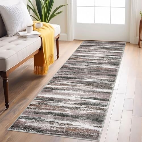 Lansny Modern Abstract Runner Rug 2x6, Dark Light Brown White Washable Kitchen Runner Non-Slip Soft Hallway Rug Runner Thin Print Faux Wool Carpet for Entryway Bedroom Laundry Room Indoor Home Decor