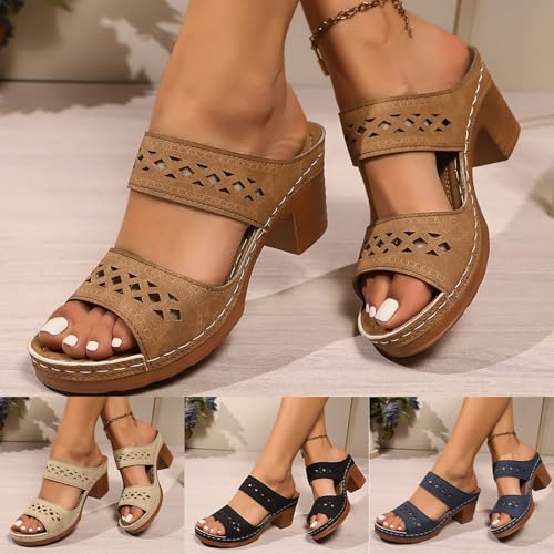 Women's Two Strap Heeled Sandals Open Toe Low Chunky Heels Slide Sandals Comfortable Wedge Dress Shoes Casual Pumps Summer Hollow Out Backless Mules Slip On Block Heels Beach Slippers4