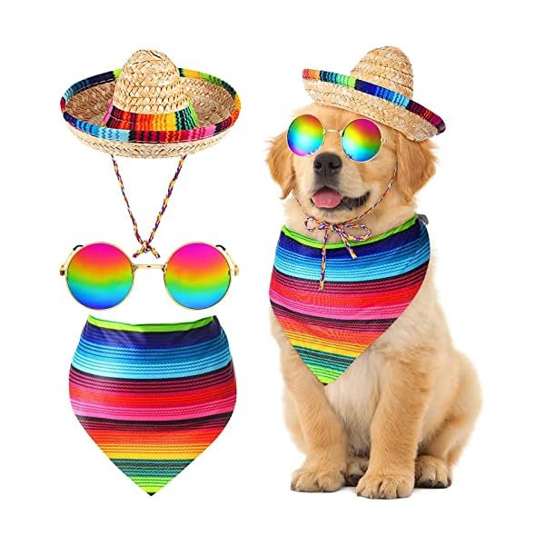 3 pcs mexican sombrero hat pet serape poncho costume include multicolor cinco de mayo dog bandana fiesta triangle bib dog sombrero hat round sunglasses costume for dog gifts cinco de mayo party decor