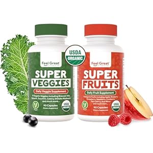 Feel Great USDA Organic Fruit and Vegetable Supplements | 20+ Super Reds & Greens for Natural Energy Support | Vegan Fruit and Veggie Vitamins | 2 Pack of 90 Count