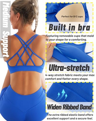 Image of RUNNING GIRL Sports Bras for Women 3Pack Strappy Bra | Medium Support, Removable Pads, Padded,Yoga, Pilates,Ultra Strectch,Comfort,Scoop Neck, Spaghetti Strap,Criss Cross Back