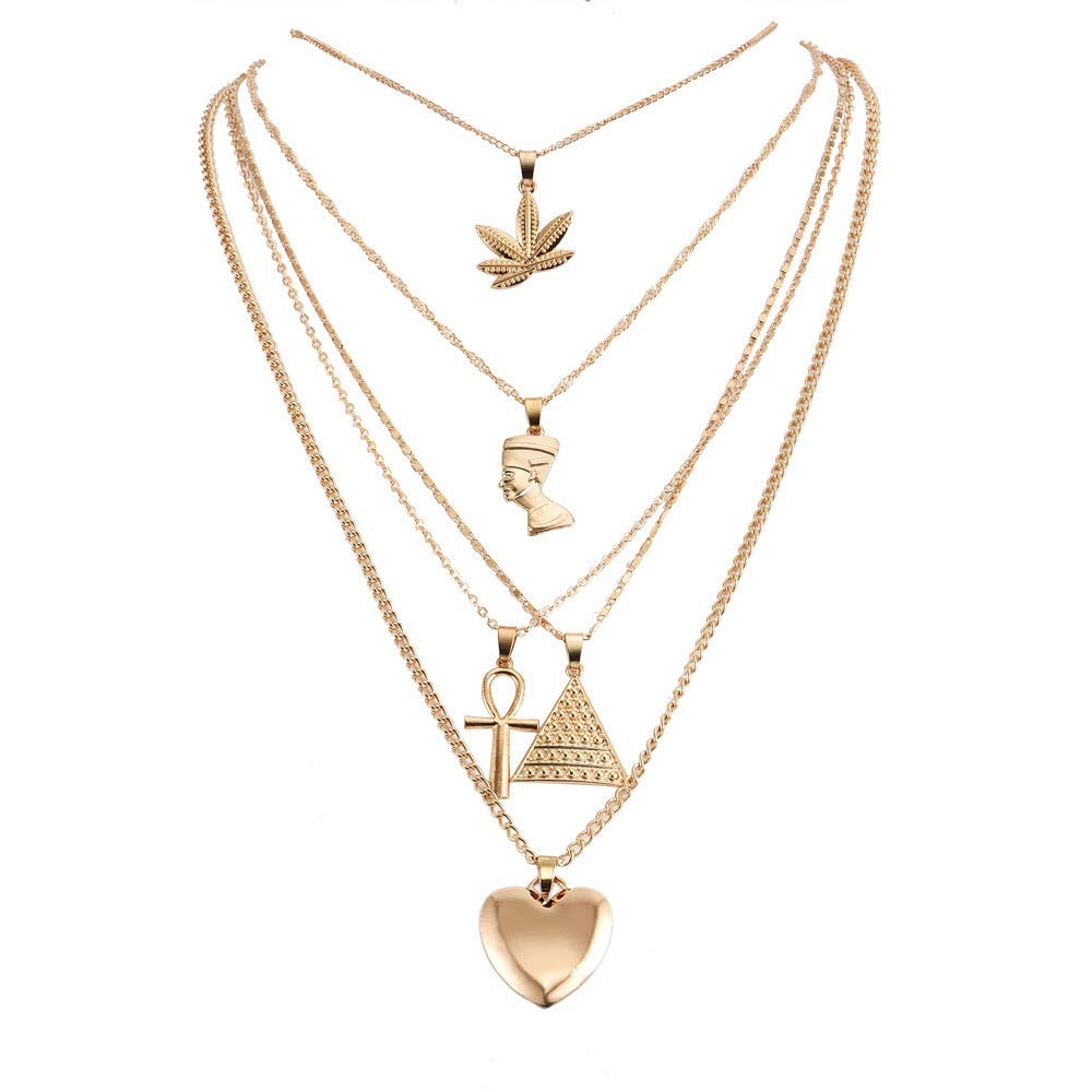 HUJUON 5-Layer Nefertiti Pharaoh Necklace. Punk Gold Egyptian Queen Heart Cross Layered Necklace,Hip Hop African Women Men Jewelry