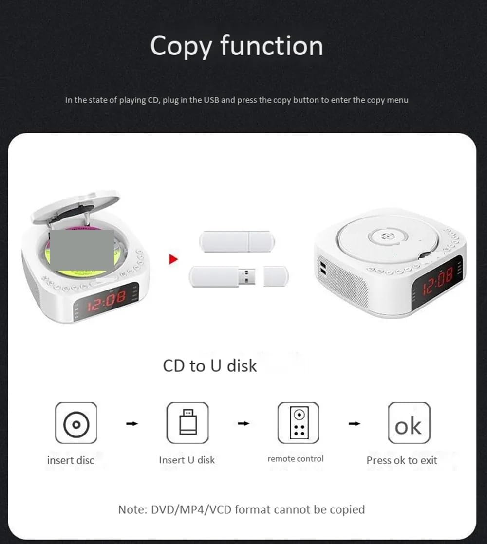 Lecteur DVD Portable, Lecteur DVD CD VCD Machine USB MP3 Haut-Parleur Bluetooth Radio FM Chargeur sans Fil for téléphone Portable