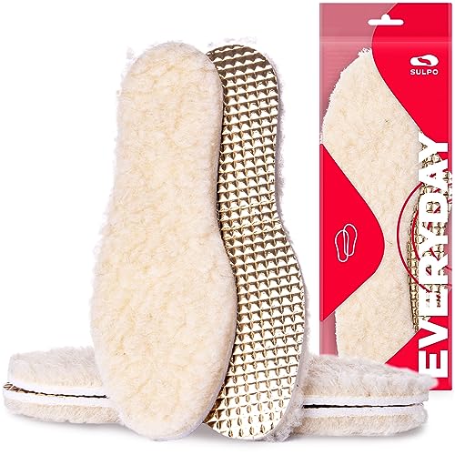 SULPO Pack 2 Pares Plantillas de Invierno - Capa Superior de Lana Natural de Oveja Suave, Cálida - Aislantes de Espuma de Poliuretano y Papel de Aluminio - Forros Aislantes Térmicos - Tallas: 36-50