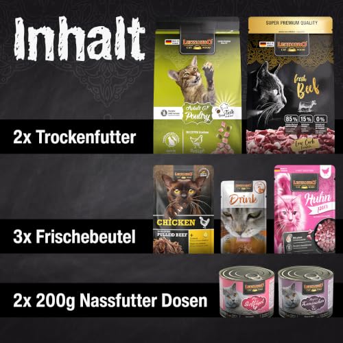 LEONARDO Katzenfutter Kennenlernpaket, 2 Sorten Trockenfutter und 5 Sorten Nassfutter für Katzen, ohne Zusatzstoffe, für alle Rassen… – Ansicht 2
